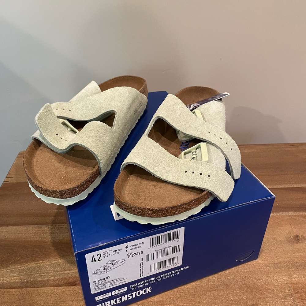 NWT Birkenstock Arizona Soft Footbed Sandal Suede Leather Faded Lime 42 Narrow